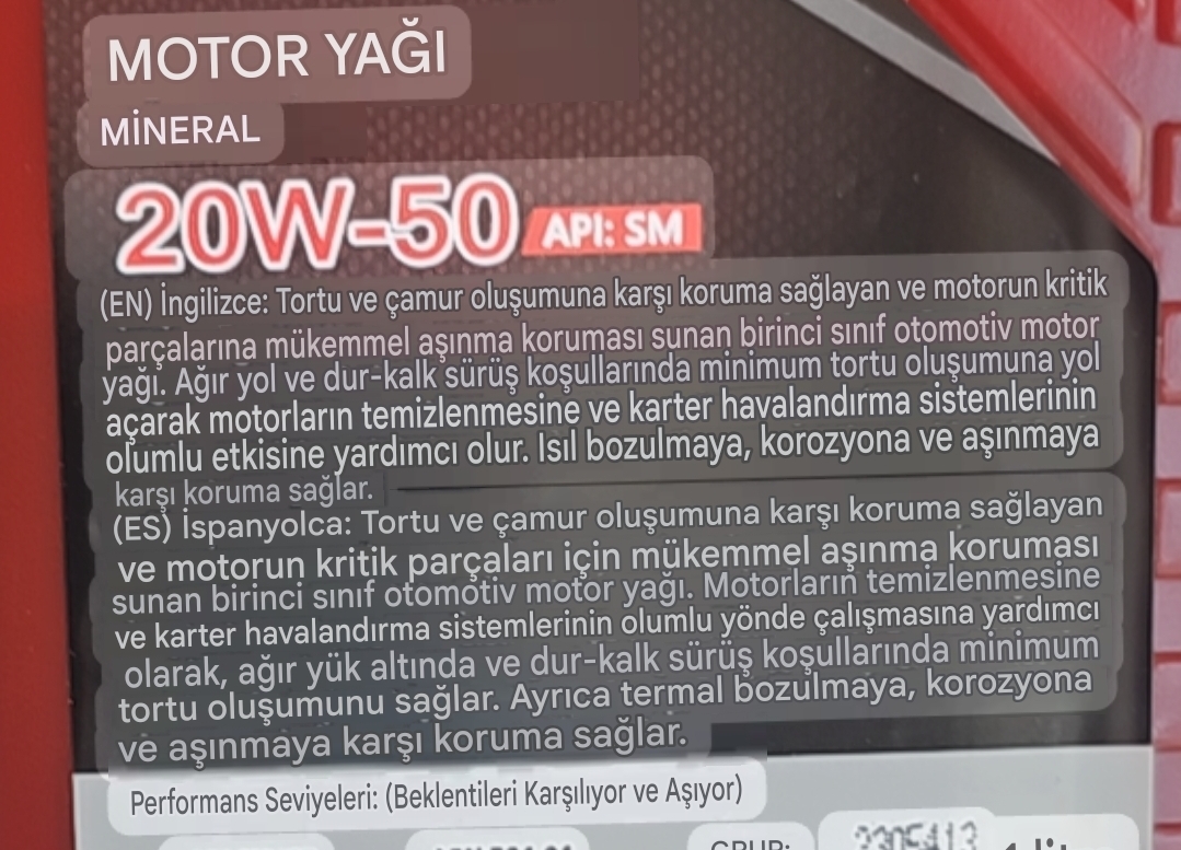 ENGINE OIL MİNERAL YAĞ 20W-50 ORJ.